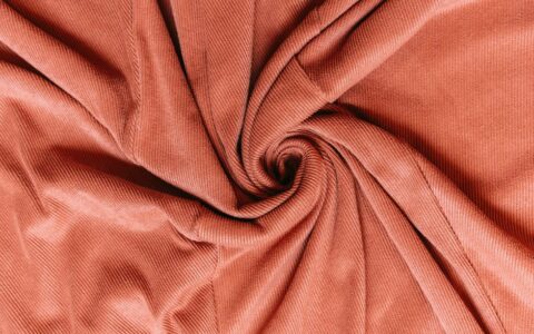 Richly textured corduroy fabric arranged in a spiral, showcasing its detailed pattern and warm color.