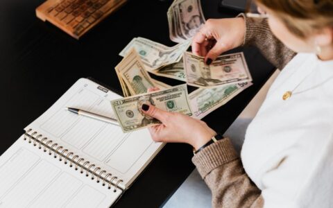 Woman organizing finances, counting dollar bills at desk with open notebook.
